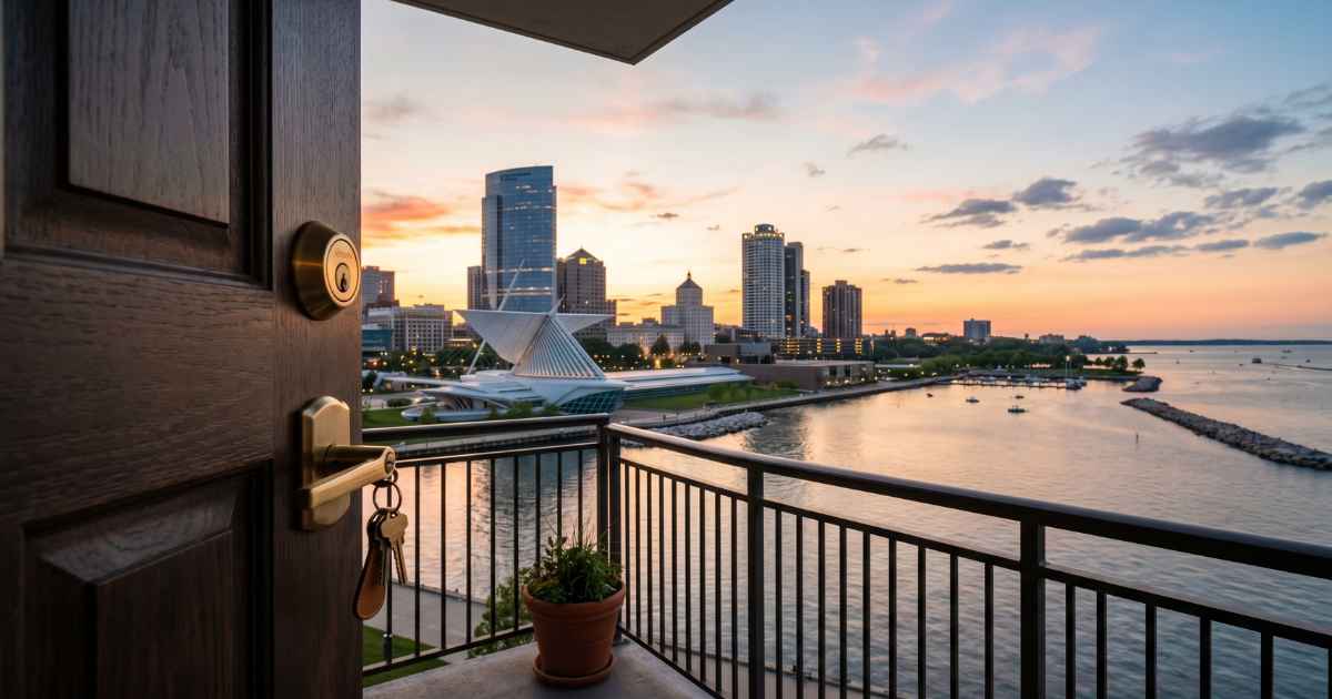 Cerrajero en Milwaukee Wisconsin con vista al horizonte de la ciudad y cerradura de seguridad residencial