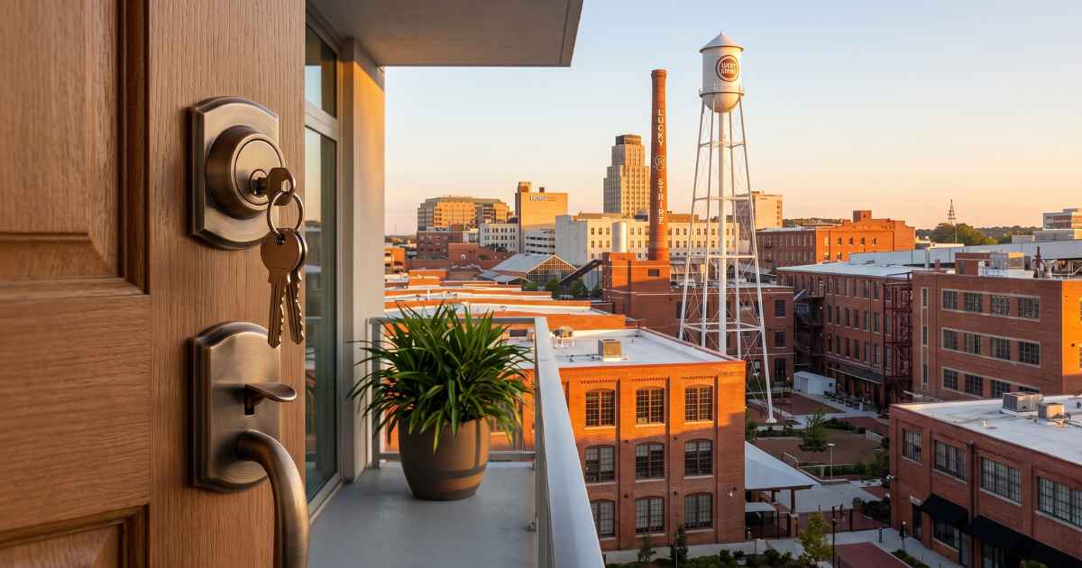 Cerrajero en Durham Carolina del Norte con vista al centro histórico y cerradura de seguridad residencial