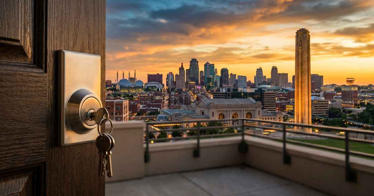 Cerrajero en Kansas City Missouri con vista al horizonte de la ciudad y cerradura de seguridad residencial
