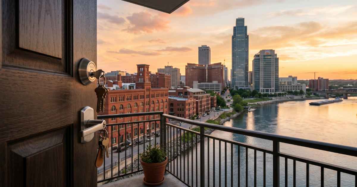 Cerrajero en Omaha Nebraska con vista al horizonte del centro y cerradura de seguridad residencial