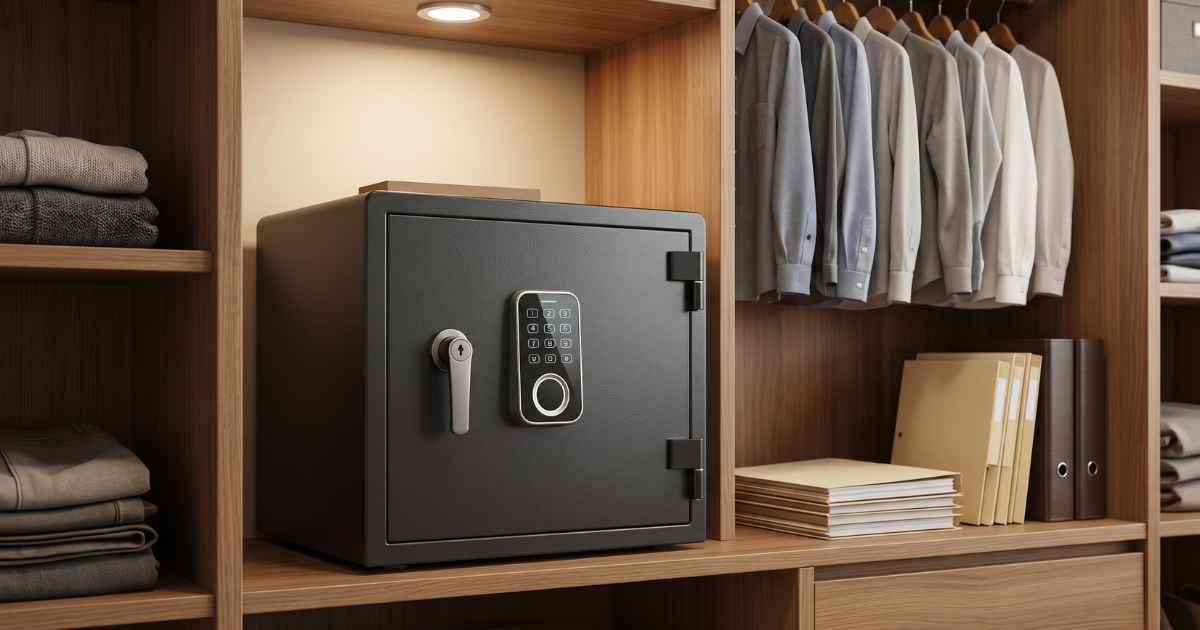Wide horizontal photograph of a modern home safe (medium size) with digital keypad and biometric fingerprint reader, placed in a closet with neat clothes and documents in the background. Warm interior lighting, professional product photography style, sharp focus on the safe, no text labels, no logos, photorealistic. Color palette: charcoal black safe, warm wood closet, soft interior light.